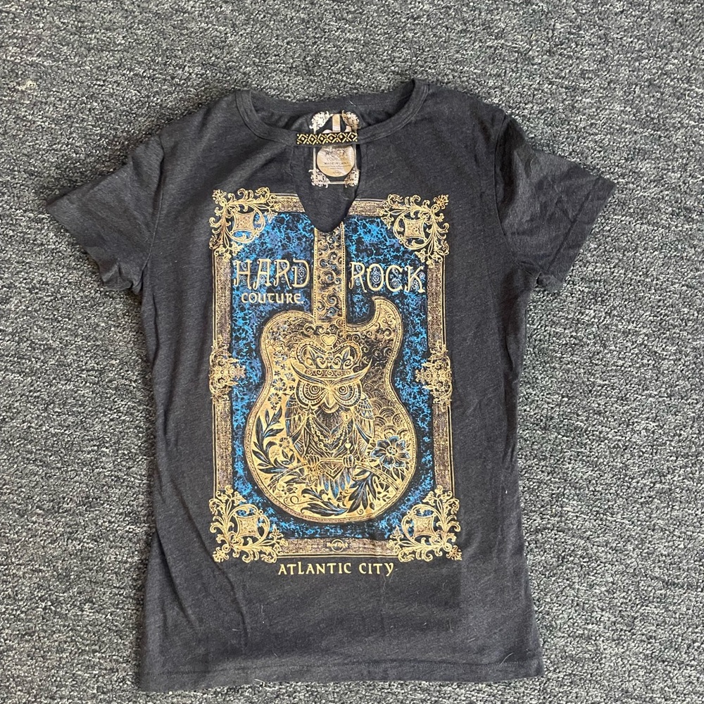 Vintage Hard Rock Cafe Owl Guitar Tee with Cutout V-Neck- Black, Gold, and Blue